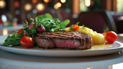 Poster - Timeless Grilled Ribeye Steak Accompanied by Delicious Potato Gratin and Colorful Greens