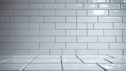 Poster - Rectangular white ceramic or porcelain tiles arranged in a staggered brick pattern for interior decoration, suitable for wall and floor use