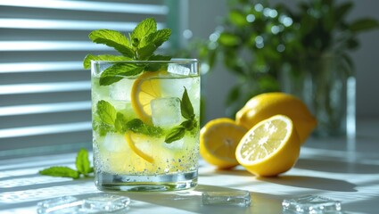 Aufkleber - Mojito cocktail made with mint and lemon. A traditional refreshing beverage for summer, served cold with ice and fresh slices.