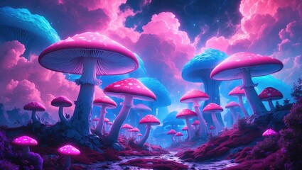 Aufkleber - Massive mushrooms. Dreamlike landscape. Digital artwork. Imaginary abstract world. Advanced concept illustration. Vibrant artistic scenery.