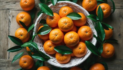 Poster - White basket of Mandarin oranges with leaves on rustic wooden surface.