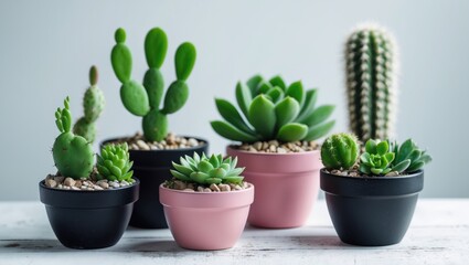 Poster - Variety of tiny succulents and cacti in a black pot on a background