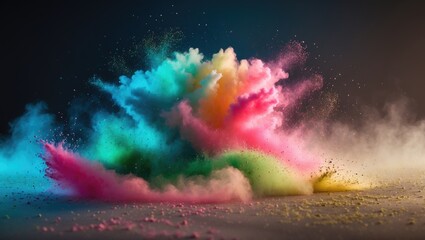 Aufkleber - Color powder eruption with a solitary cloud on a dark backdrop, capturing splashes of color dust particles in motion.
