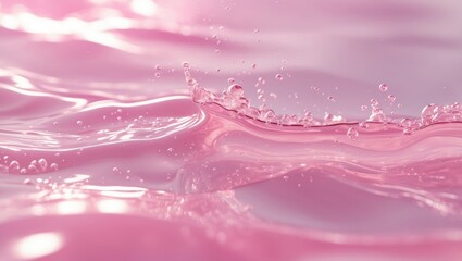 Poster - Close-up of a serene pink transparent water surface with splashes and bubbles. Stylish abstract summer nature backdrop