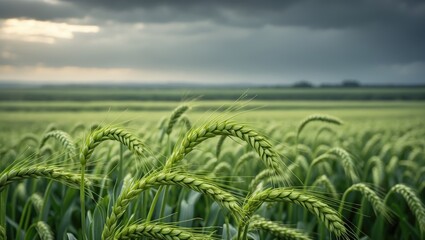 Aufkleber - Agricultural landscape featuring green wheat sprouts, dramatic scenery under a cloudy sky