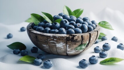 Aufkleber - White background featuring fresh blueberries with leaves in a wooden bowl