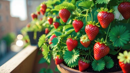 Aufkleber - Cultivating organic strawberries on a home balcony with potted ripe bushes.