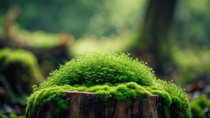 Poster - Eco-friendly product template featuring moss stump and blurred nature backdrop