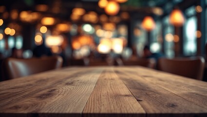 Poster - Wooden surface in front of a defocused background, perfect for showcasing products in a cafe or retail space.