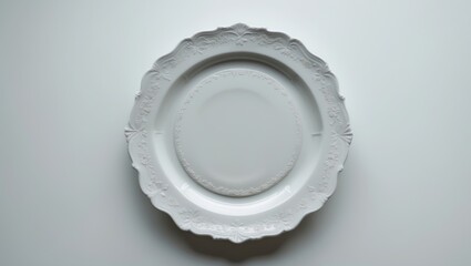 Poster - Isolated empty vintage porcelain plate cutout with a floral design on a textured background. Elegant tableware for culinary presentation. Dishware concept from the front view.