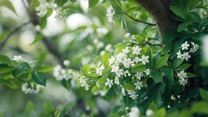 Aufkleber - Zoomed-in shot of white flowers flourishing on a tree with rich green foliage in a softly blurred backdrop.