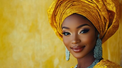 Wall Mural - a woman wearing a traditional yellow headwrap and jewelry, standing in front of a yellow background.