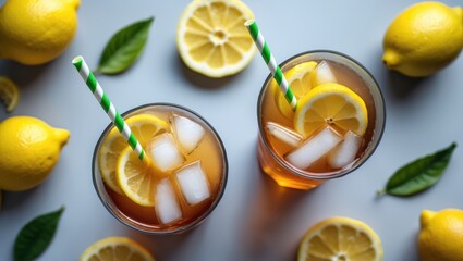 Aufkleber - Iced Lemon Tea on a Grey Background - Overhead View