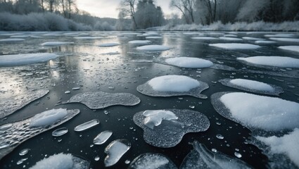 Wall Mural - winter pond with a frosty ice surface and white snow