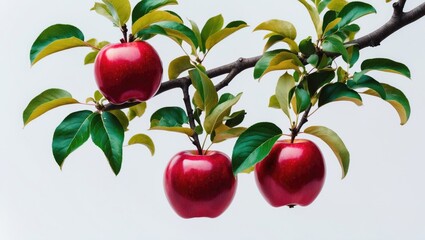 Poster - Isolated on a white background, three juicy red apples with green leaves on a branch