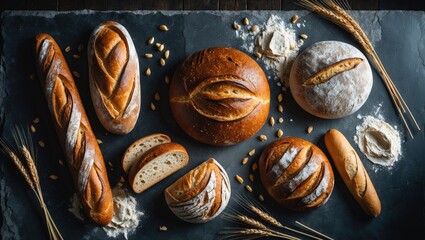 Poster - Assorted wheat and flour breads placed on a stone table captured from a top view flat lay with space