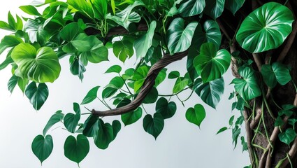 Poster - Fiddle leaf philodendron, a jungle liana with lush green leaves climbing on trees, featured against a white background with clipping path included.