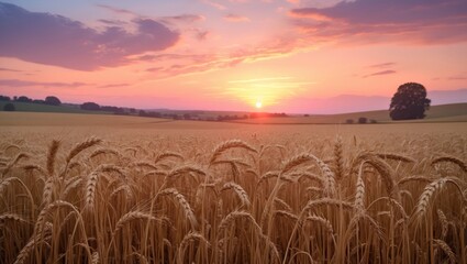Poster - Sunset over a golden wheat field in the evening. Nature's harvest is flourishing. Agricultural farm.