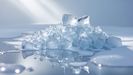 Poster - Lucid collection of crushed ice, with melting ice cubes on a glossy surface backdrop.