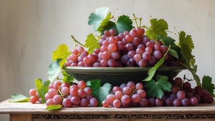 Aufkleber - A bowl of fresh, ripe grapes with leaves sits on a wooden table.