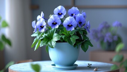 Poster - Flourishing domestic blue perennial in a planter.
