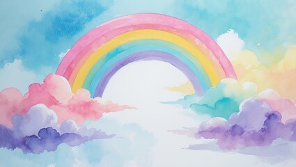 Poster - Illustration of vibrant pastel clouds and a rainbow with blank area for products.