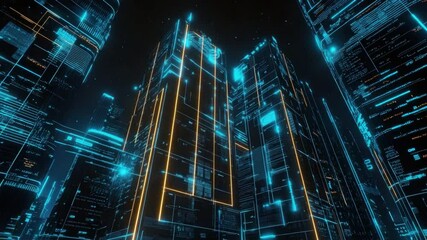 Poster - Futuristic city skyline at night with glowing skyscrapers and digital lights in a vibrant cyberpunk atmosphere 4k video footage