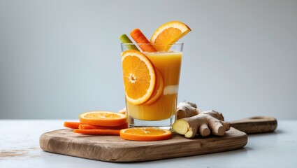 Aufkleber - Fruit juice in a glass featuring orange, carrots, and ginger on a cutting board