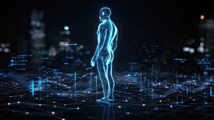 Fototapete - Futuristic Digital Human Figure in an Abstract Connected Cityscape Environment with Glowing Data Points 4k video footage