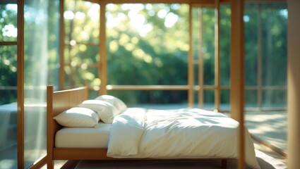 Aufkleber - A gently blurred snug bedroom featuring white bedding and a wooden bed frame. Sunlight pours in, highlighting the serene, natural atmosphere.