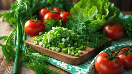 Aufkleber - Fresh herbs including green onion, arugula, tomatoes, and dill