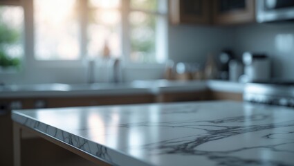 Poster - Modern kitchen scene with an out-of-focus window and clean marble surface ideal for showcasing products