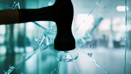 Poster - Shattered Glass Detail with Reflective Surface and Blurred Background in Modern Indoor Space 4k video footage