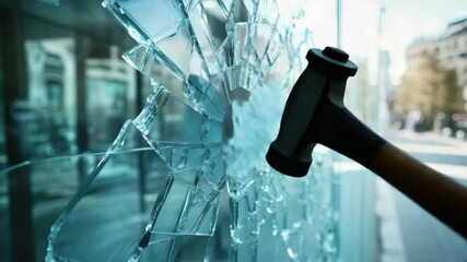 Poster - Shattered Glass with Impact from Hammer on Urban Background Creating a Sense of Destruction and Chaos in Modern Cityscape 4k video footage
