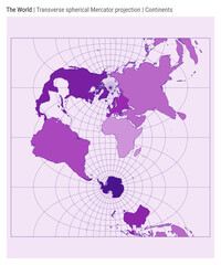 Poster - World Map. Transverse spherical Mercator projection. Continents style. High Detail World map for infographics, education, reports, presentations. Vector illustration.