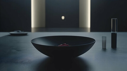 Wall Mural - Minimalist dark bowl of red berries on table, futuristic setting, potential food advertisement