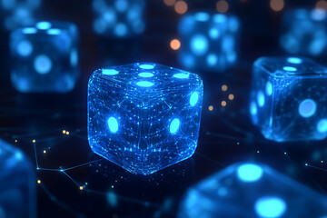 Poster - Futuristic glowing dice surrounded by a digital network, representing chance and technology