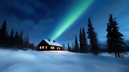 Wall Mural - A cozy wooden cabin stands in a vast snowy field, illuminated by warm light as the northern lights dance across the night sky, creating a magical atmosphere
