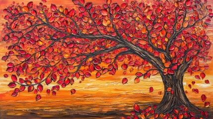a vibrant autumnal tree with fiery red leaves against an orange sky.