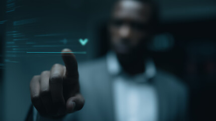 Poster - Digital Interface Interaction: An focused person, deeply engaged in a digital interface, his fingertip delicately interacting with a virtual screen.