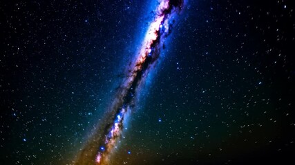 Spectacular Milky Way Galaxy with a vibrant core stretching across a dark blue star-filled sky, cosmic nebula glow, science backdrop