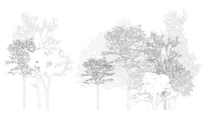 Aufkleber - Architectural Drawings, Minimal style cad tree line drawing, Side view, set of section wetland forest outline for landscape design drawing. Vector illustration in seperate element
