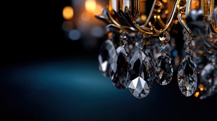 Poster - Delicate crystals hang from a lavish chandelier, reflecting warm light in a softly lit space, enhancing the elegant atmosphere of an evening event