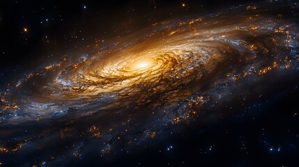 Leinwandbilder - A spiral galaxy shimmers, its bright core yielding to radiant arms of orange, yellow, and blue amidst stardust. A vast, dynamic cosmic dance. Astronomy and Galaxy backgrounds.
