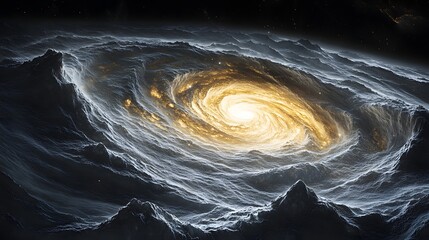 Poster - A surreal blend of celestial and terrestrial, featuring a golden galaxy above dark, wave-like mountains. Stars dot the background, creating a dreamlike vista. Astronomy and Galaxy backgrounds