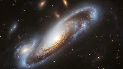Leinwandbilder - A stunning face-on spiral galaxy dominates, featuring bright star formation regions and a golden center. Smaller galaxies dot the deep space backdrop. Astronomy and Galaxy backgrounds