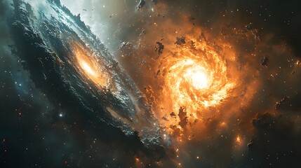 Poster - Cosmic dance of spiral galaxies ablaze with stellar fire and celestial light. A stunning vista of deep space wonders. Astronomy and Galaxy backgrounds.