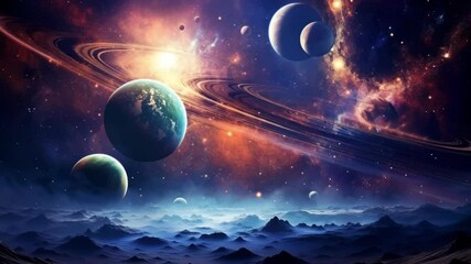 Wall Mural - a cosmic video scene with planets and rings in a vibrant galaxy. wide-angle shot captures the vastne