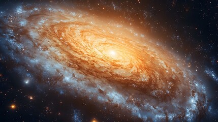 Poster - A stunning spiral galaxy showcases a brilliant orange core transitioning to cool blue arms. Stars pepper the surrounding space, creating a breathtaking celestial vista. Astronomy and Galaxy