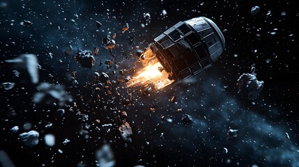 Fototapete - A spacecraft soars through a debris-filled asteroid field, its fiery trail a testament to its journey. A striking image of space exploration and cosmic challenges. Astronomy and Galaxy backgrounds.